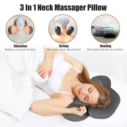 1 Set 3 In 1 Neck Massager Pillow With Vibration Heating Airbag Stretching Memory Foam Fillings Ergonomic Massager With Portable Storage Bag Eye Mask
