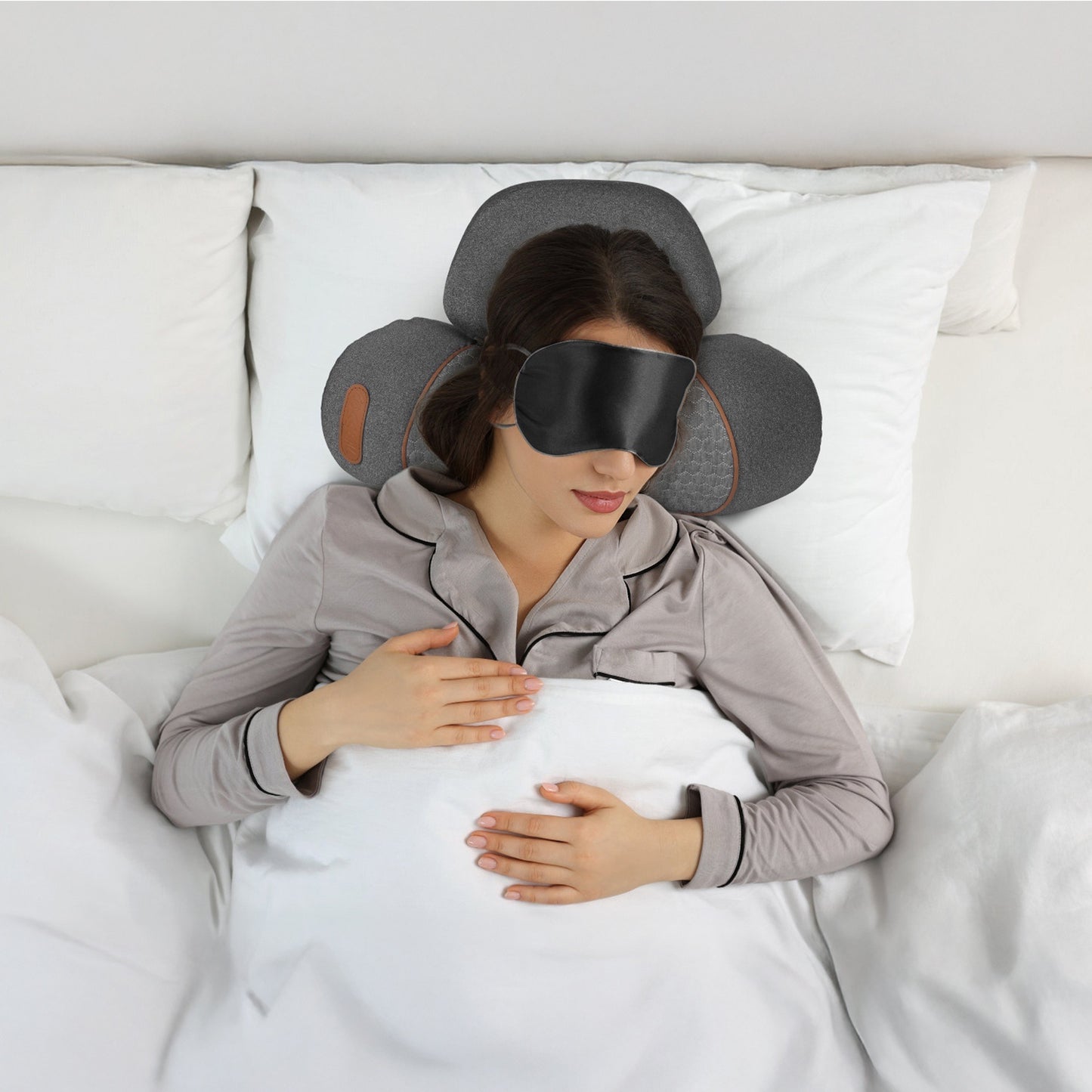 1 Set 3 In 1 Neck Massager Pillow With Vibration Heating Airbag Stretching Memory Foam Fillings Ergonomic Massager With Portable Storage Bag Eye Mask